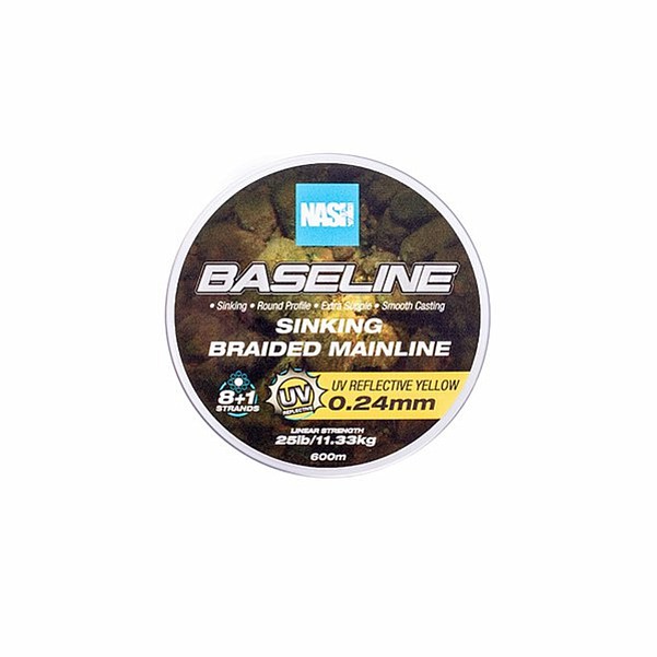 Nash Baseline Sinking Braid UV Yellowрозмір 0.25mm (25lb) / 600m - MPN: T6009 - EAN: 5055108960096